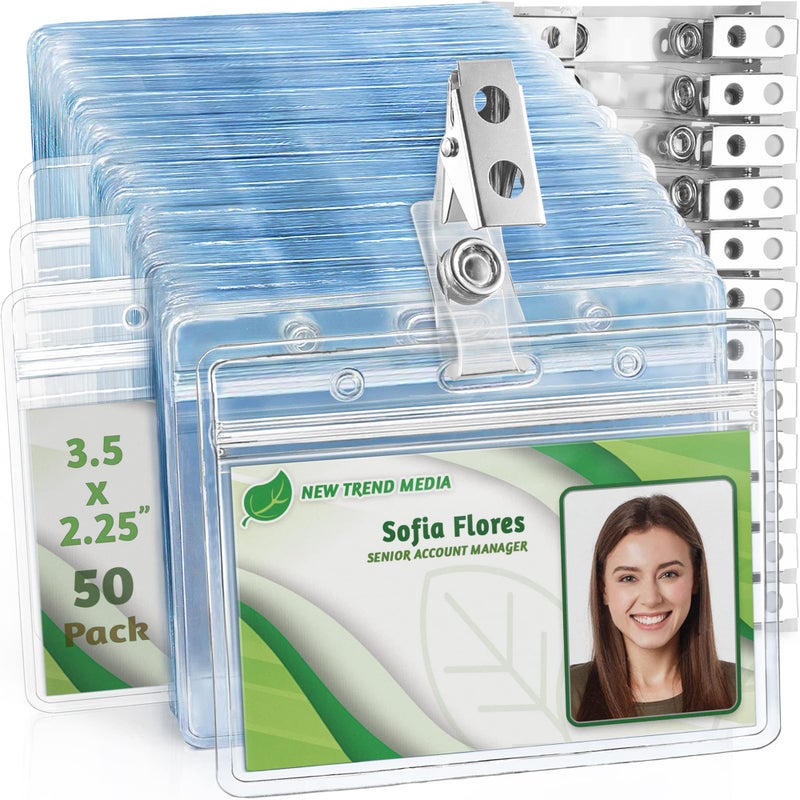 EcoEarth Horizontal PVC ID Badge Holder with Metal Clips and Vinyl Straps with Soft Edge (Sealable Fits 3.5x2.25 inch Inserts) (Clear 50-Pack), Waterproof ID Holder Bulk, ID Card Holder, Name Tag - Image 1